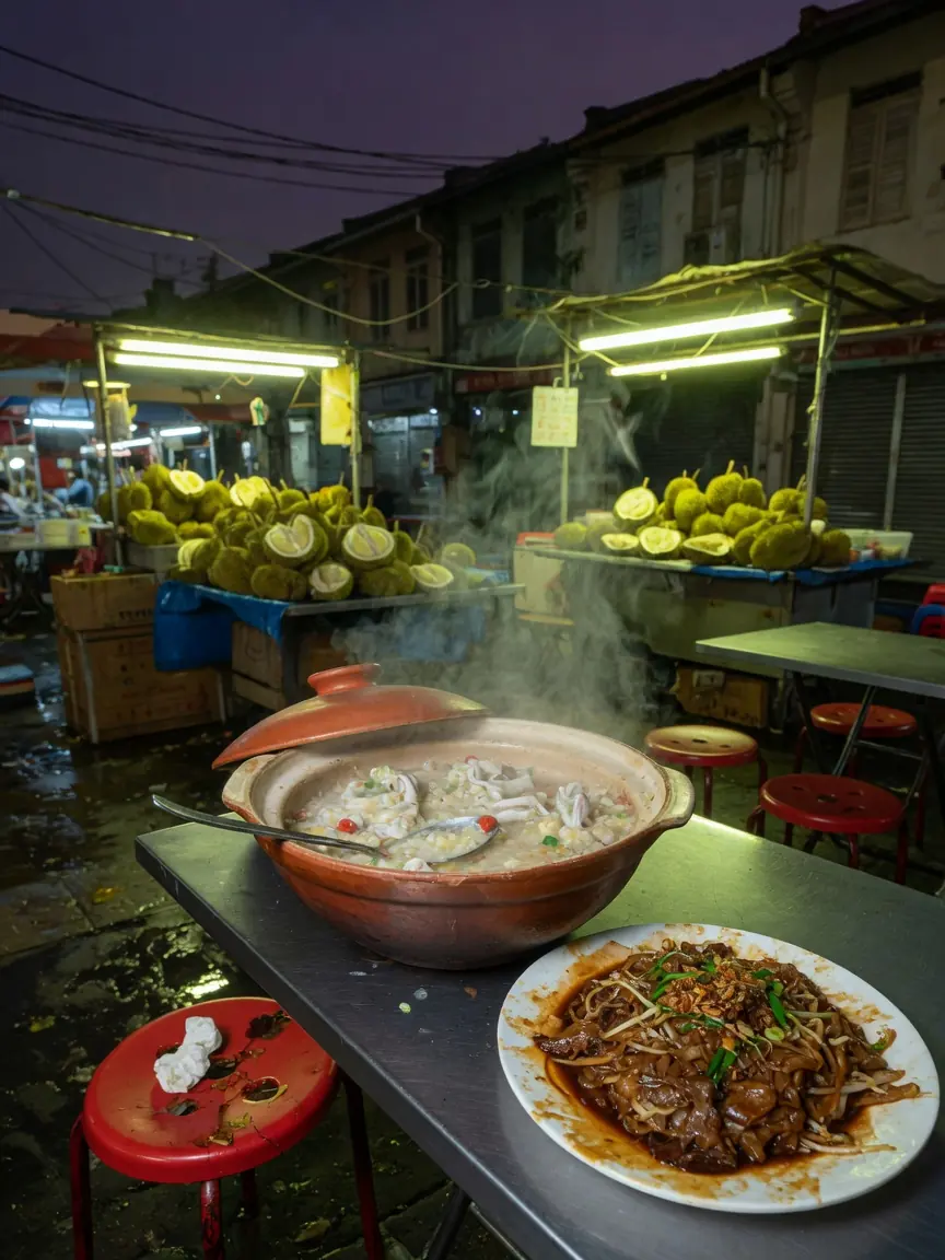 Illustration: frog porridge in a claypot and beef hor fun at a late-night Geylang stall