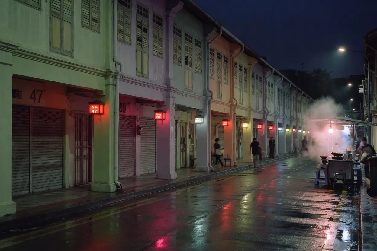 A Geylang lorong at night with old shophouses and red house-number lamps