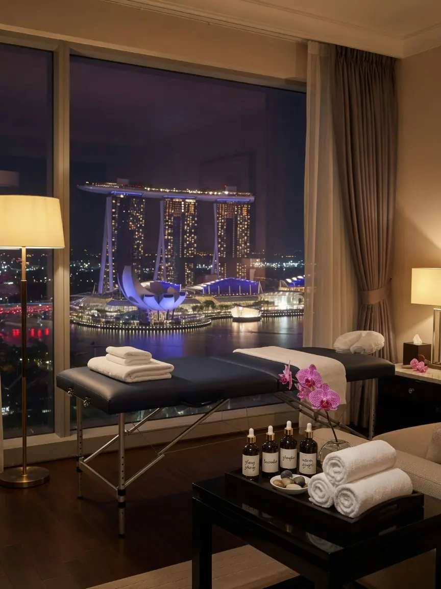 Illustration: a hotel room over Marina Bay set up for an in-room massage