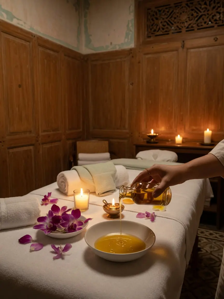 Illustration: a candle-lit massage room with orchids in a Singapore shophouse