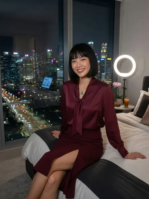 Chinese cam model with a black bob in a Singapore condo at night