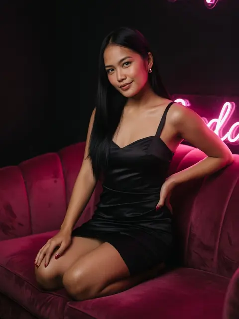 Asian cam model in a black dress on a velvet sofa under pink neon