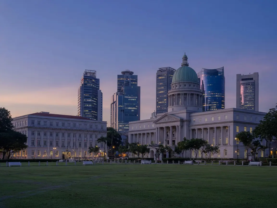 Singapore's civic district at dusk with the Supreme Court dome and the Padang